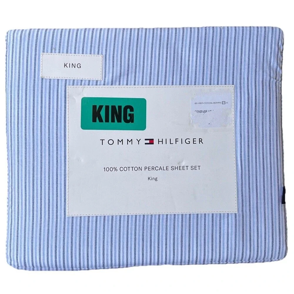 Tommy Hilfiger KING Bed Sheet Set 100% Percale Cotton Ithaca Bicolor Stripe Blue